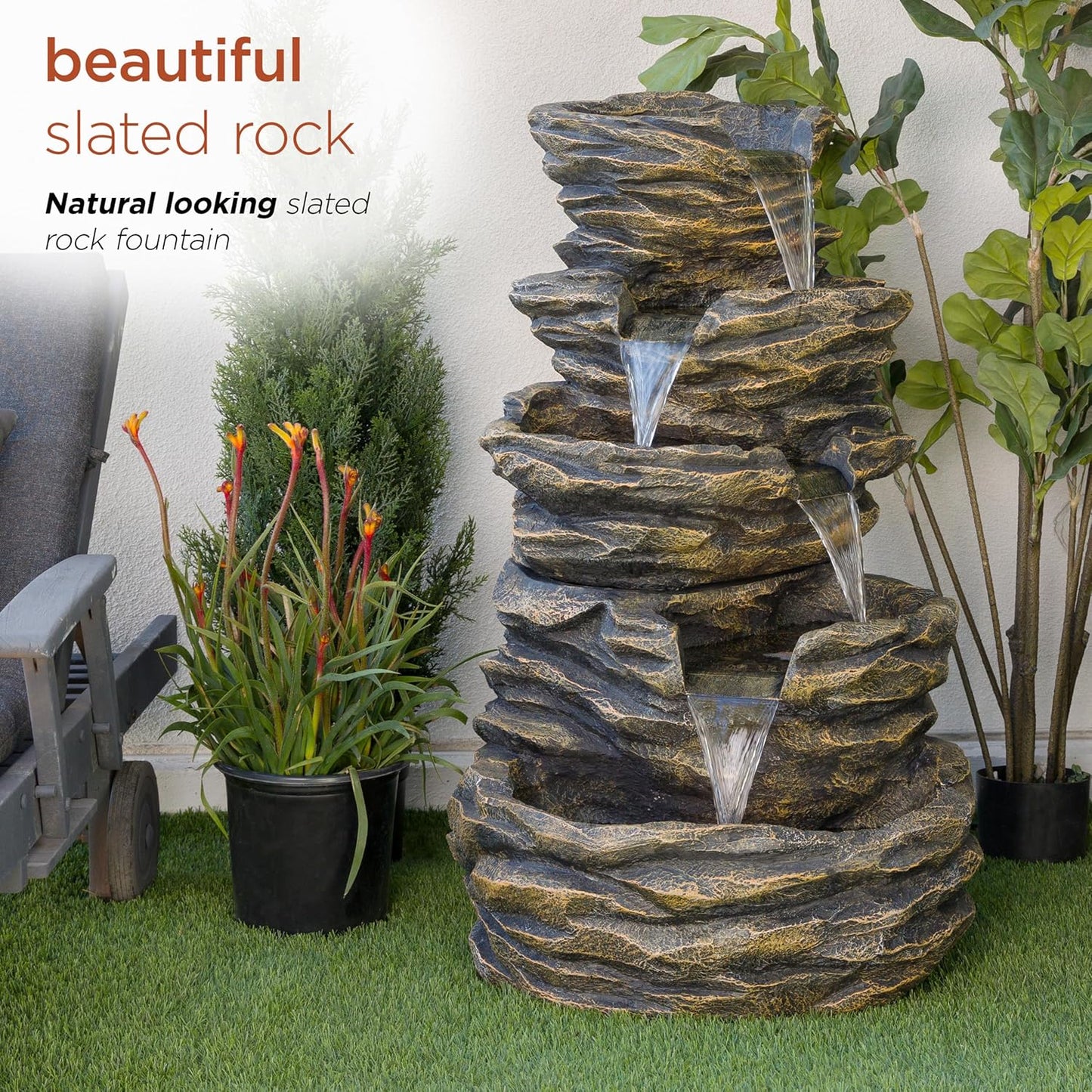 Alpine Corporation GIL110 Outdoor 5 Tiered Natural Look Rock Water Floor Fountain with Replaceable Lights,39" H, Brown