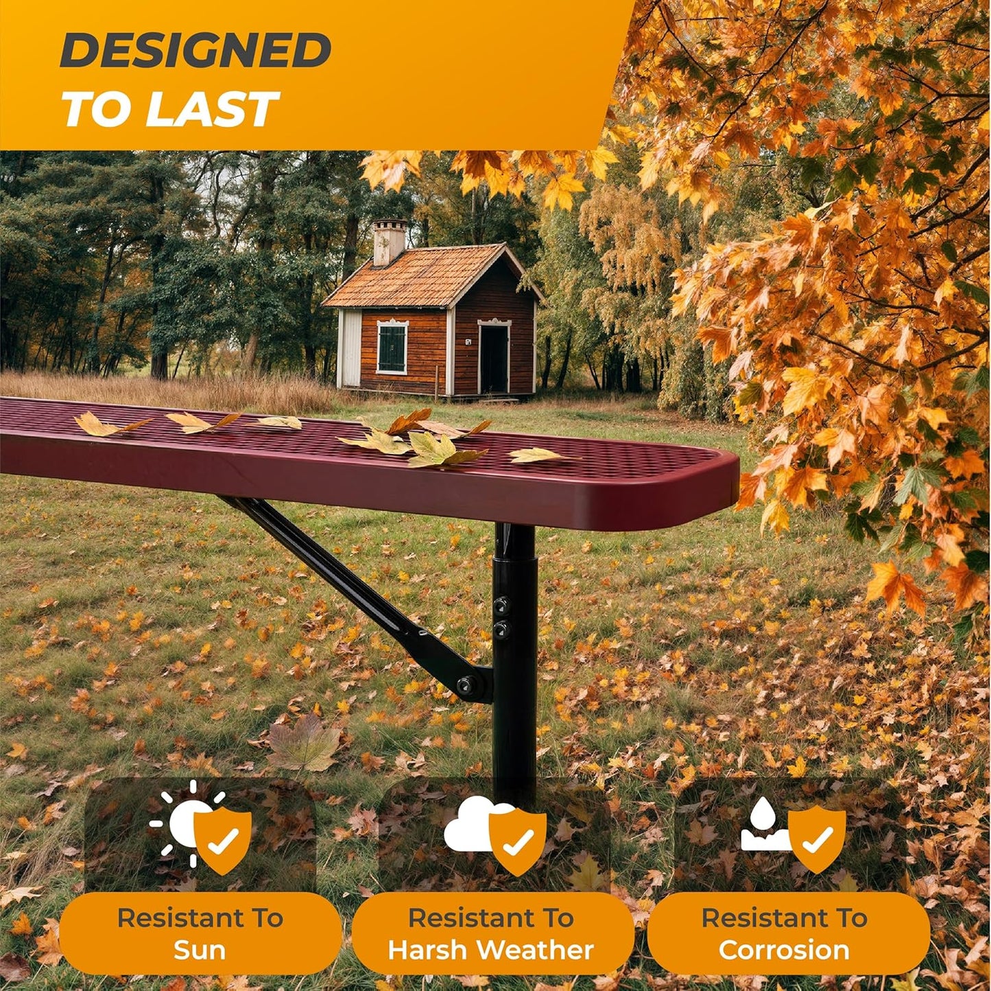 Heavy-Duty Outdoor Metal Bench, Thermoplastic-Coated, Inground, Weatherproof, Commercial-Grade for Parks, Gardens, Patios, Stores & More (8 Ft - Inground, Red)