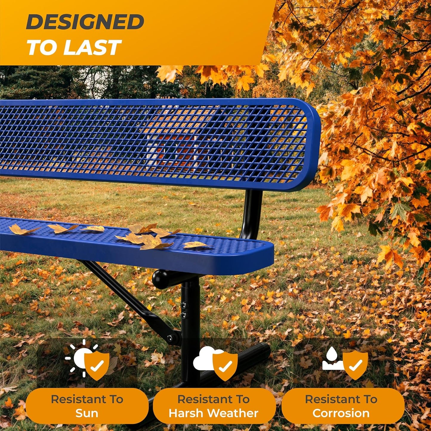 Heavy-Duty Outdoor Metal Bench, Thermoplastic-Coated, Portable, Weatherproof, Commercial-Grade for Parks, Gardens, Patios, Stores & More (8 Ft - Portable with Back, Blue)