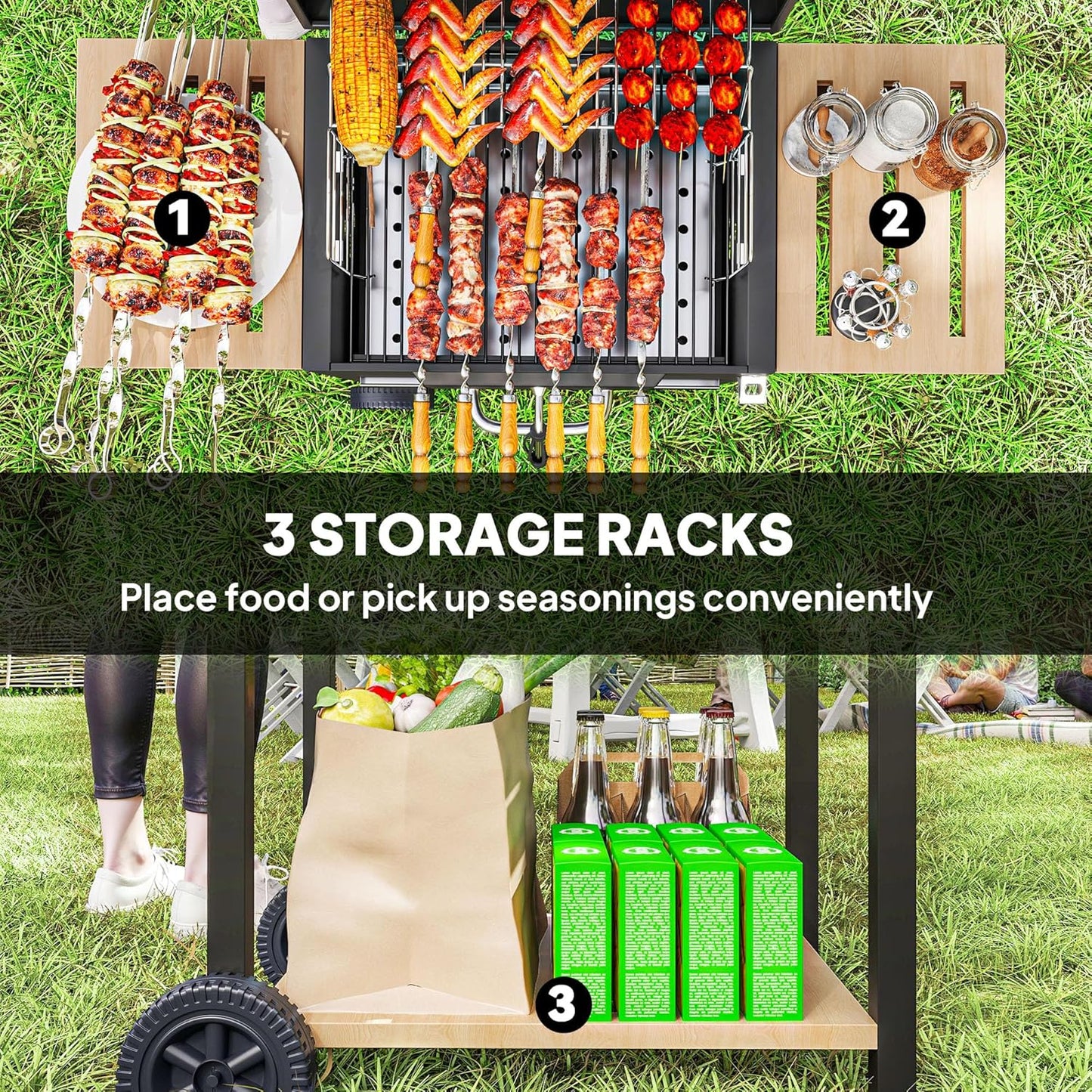 Outsunny Charcoal BBQ Grill with 245 sq. in. Cooking Area, Outdoor Barbecue Grill with Adjustable Charcoal Pan, 3 Shelves, Thermometer, Wheels for Patio, Backyard, Party, Picnic, Black