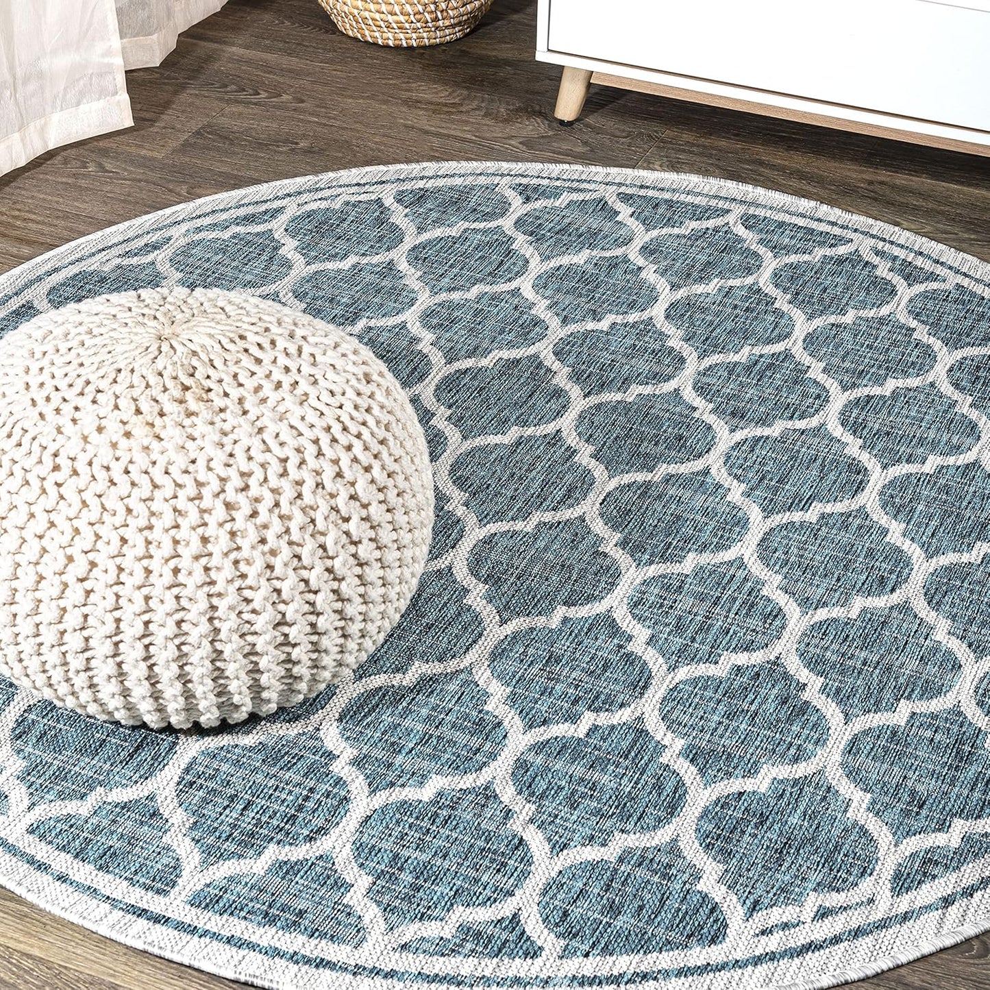 Eyely BMS109E-4R Santa Monica Trebol Moroccan Trellis Textured Weave, Pet Friendly, Non-Shedding, Stain Resistant, Easy-Cleaning, Teal/Gray, 4' Round, Indoor/Outdoor, Area Rug