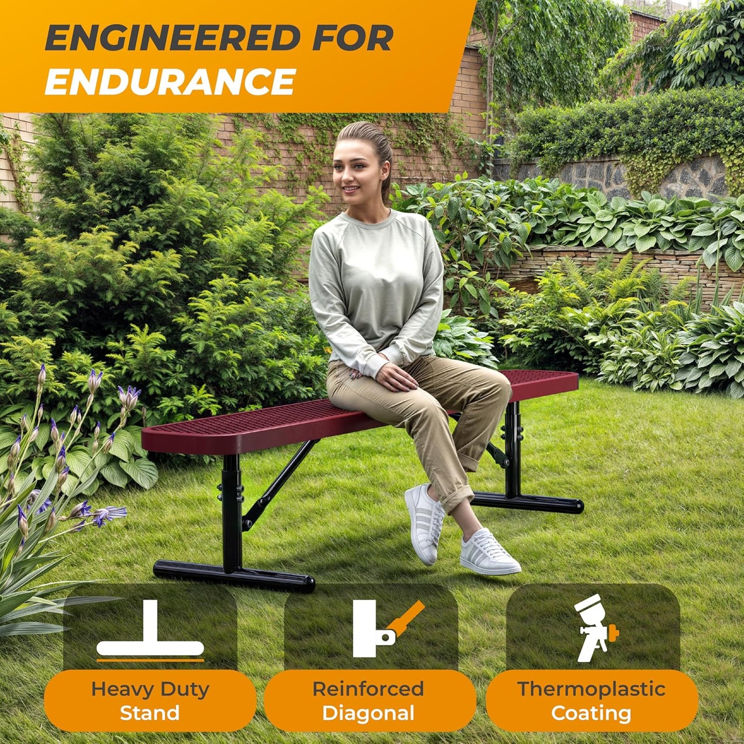 Heavy-Duty Outdoor Metal Bench, Thermoplastic-Coated, Portable, Weatherproof, Commercial-Grade for Parks, Gardens, Patios, Stores & More (6 Ft - Portable, Red)