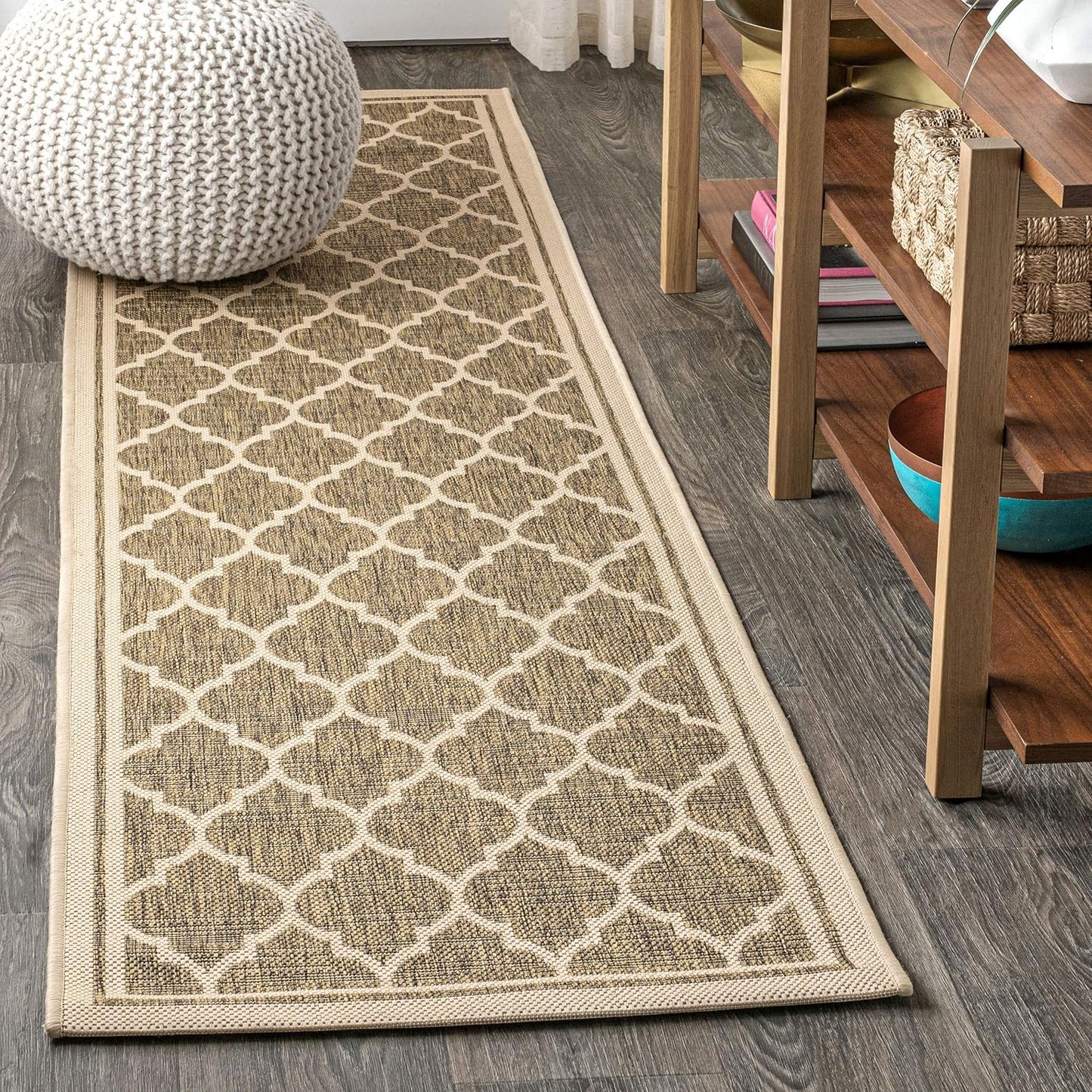 Eyely BMS109A-220 Santa Monica Trebol Moroccan Trellis Textured Weave, Pet Friendly, Non-Shedding, Stain Resistant, Easy-Cleaning, Brown/Beige, 2 ft. x 20 ft., Indoor/Outdoor, Runner Rug