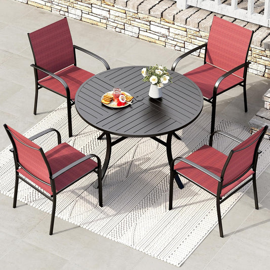 HERA'S HOUSE 5 Pieces Patio Dining Set, Patio Table and Chairs Set for 4, 4 x Red Textilene Dining Chair and 42" Metal Round Table for Lawn Garden Backyard Deck