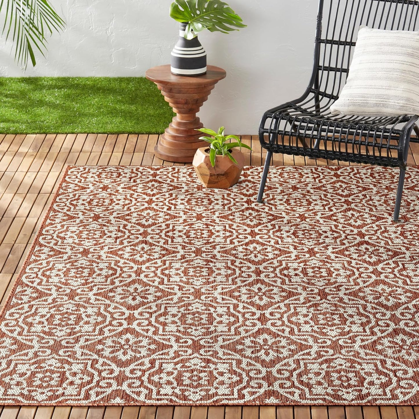 Nicole Miller New York Patio Country Julia Transitional Geometric Indoor/Outdoor Area Rug, Terracotta/Ivory, 5'2"x7'2"