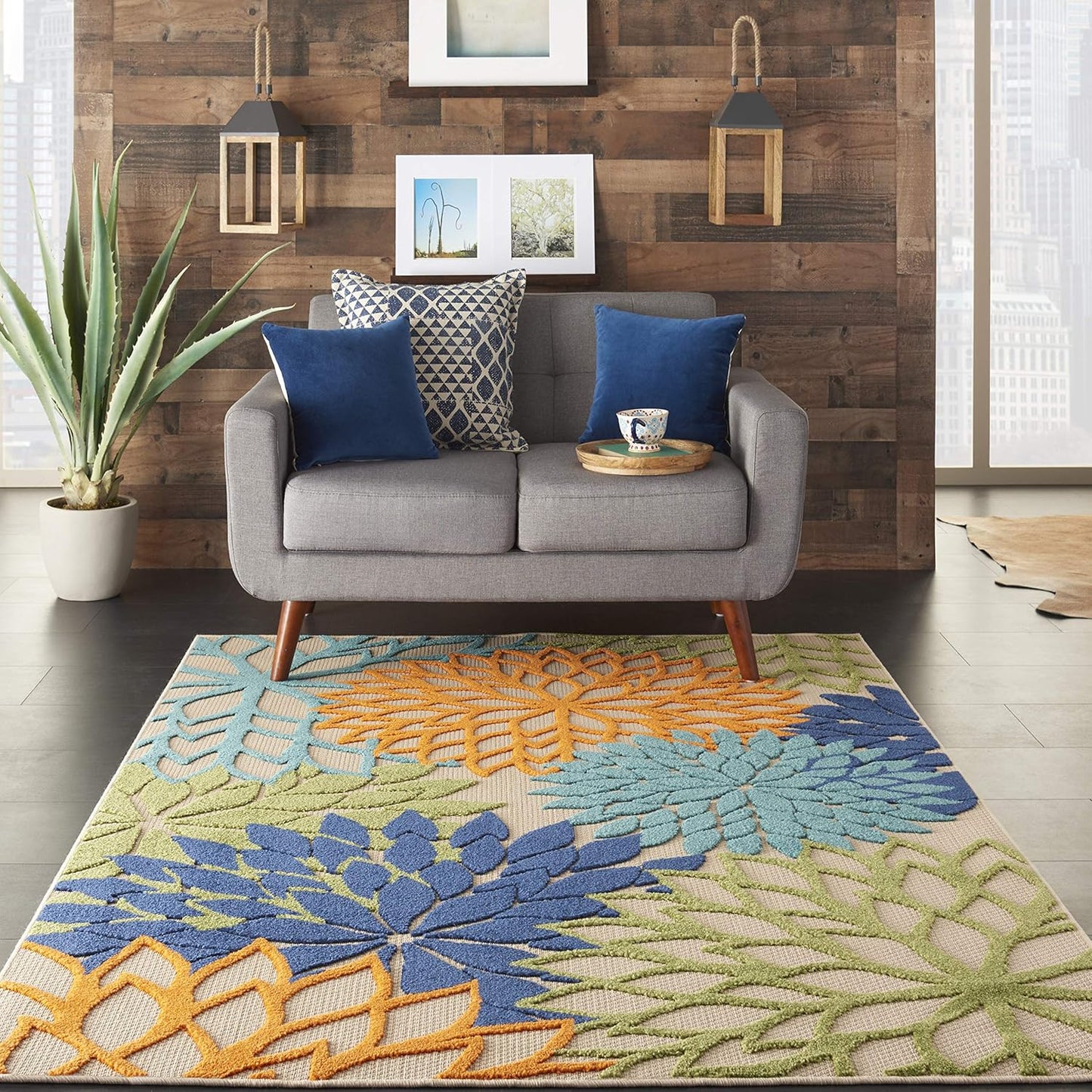 Nourison Aloha Indoor/Outdoor Multicolor 5'3" x 7'5" Area Rug, Tropical, Botanical, Easy Clean, Non Shedding, Bed Room, Living Room, Dining Room, Deck, Backyard, Patio (5x7)