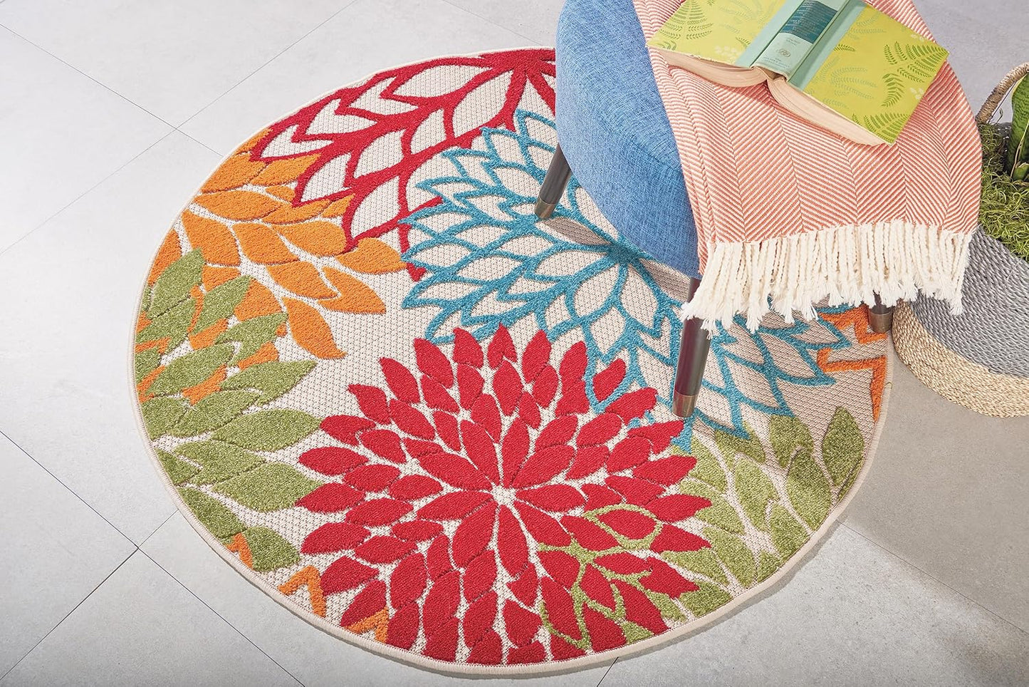 Nourison Aloha Indoor/Outdoor Green 5'3'' x Round Area-Rug, Tropical, Botanical, Easy-Cleaning, Non Shedding, Bed Room, Living Room, Dining Room, Deck, Backyard, Patio (5 Round)