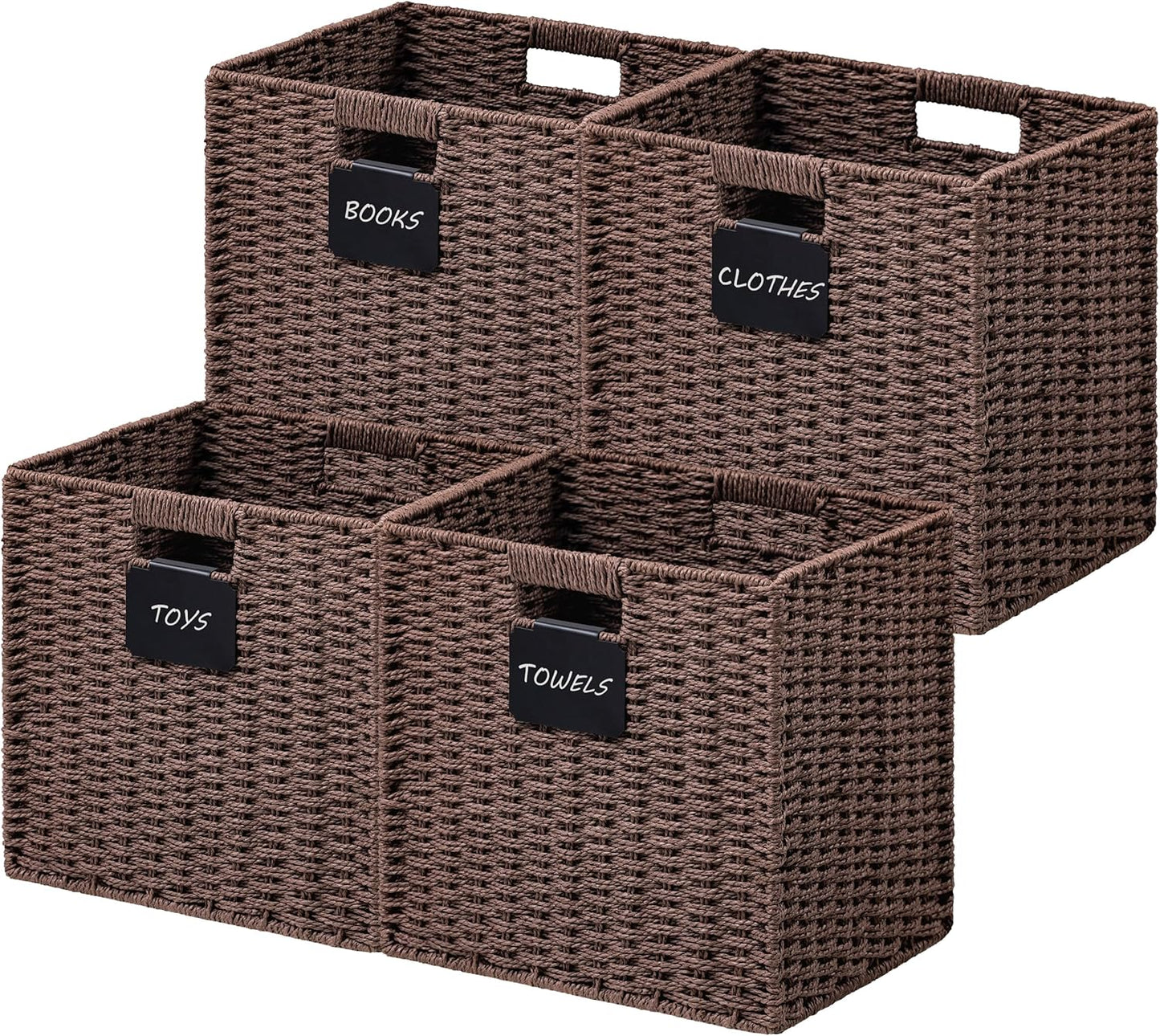 UBBCARE 4 Pack Wicker Basket, 12×12 Storage Cubes with Label, Foldable Cube Storage Bin with Handle, Square Storage Basket for Shelves, Woven Paper Rope Basket for Organizing, Brown