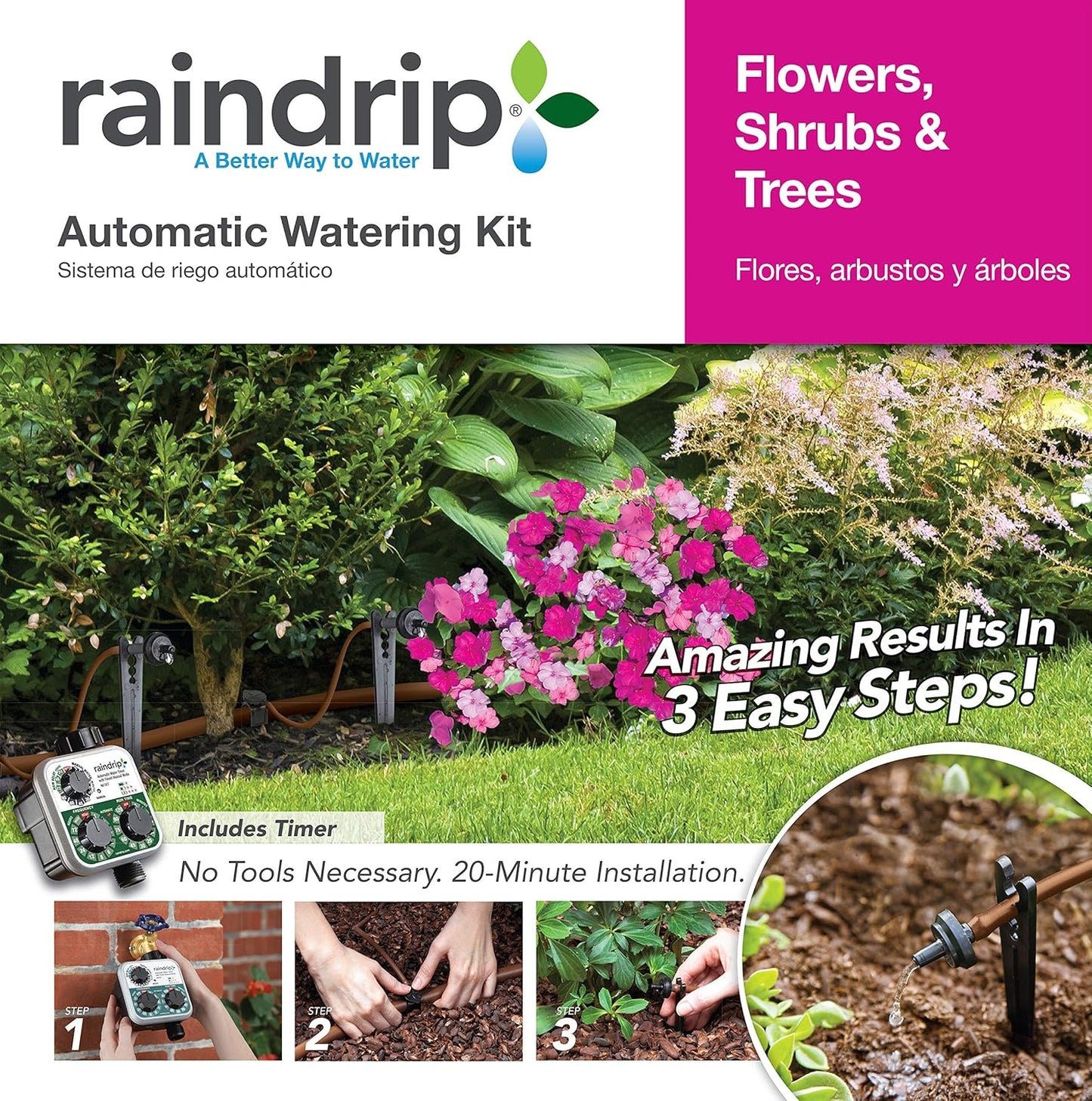 Raindrip SDFSTH1P Automatic Drip Irrigation Watering Kit with Timer for Flowers, Shrubs, and Trees, Waters up to 10 Plants, Includes Timer with Customizable Settings, 2 GPH Drippers