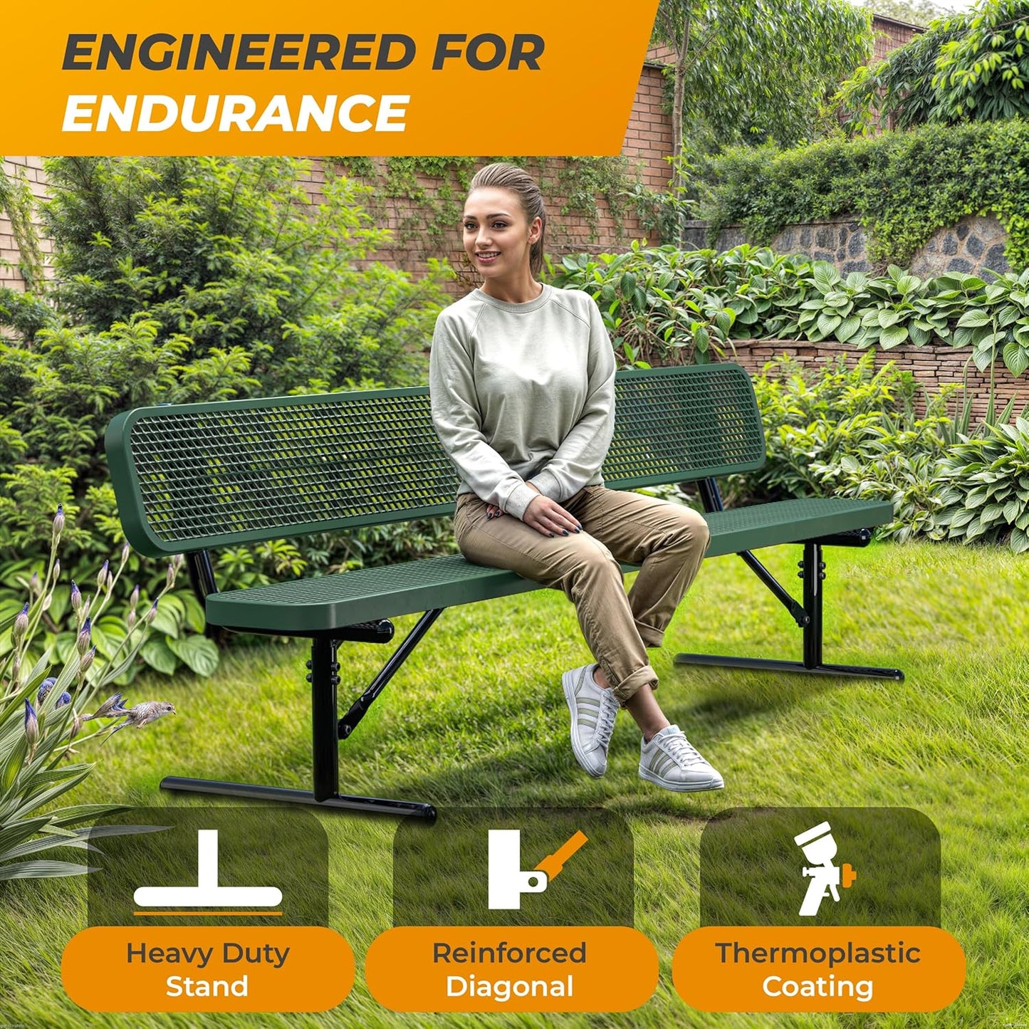 Heavy-Duty Outdoor Metal Bench, Thermoplastic-Coated, Portable, Weatherproof, Commercial-Grade for Parks, Gardens, Patios, Stores & More (8 Ft - Portable with Back, Green)